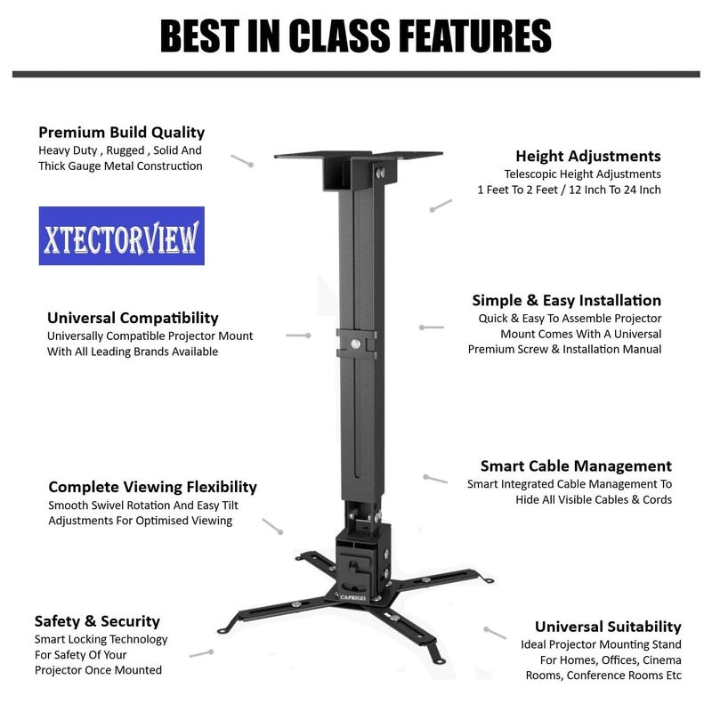 XTECTORVIEW Heavy Duty 6 Feet Adjustable Projector Ceiling Mount Stand, Universal Projectors Wall Mounting Bracket Kit with Swivel, Tilt, Height Adjustments-Black (6 FEET Projector Mount Stand) - Image 5