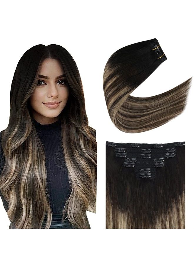 YoungSee Clip in Hair Extensions Balayage Real Human Hair Clip in Extensions Black to Blonde with Brown Clip in Hair Extensions Human Hair 20inch 120g 7pcs Clip in Human Hair Extensions - Image 1