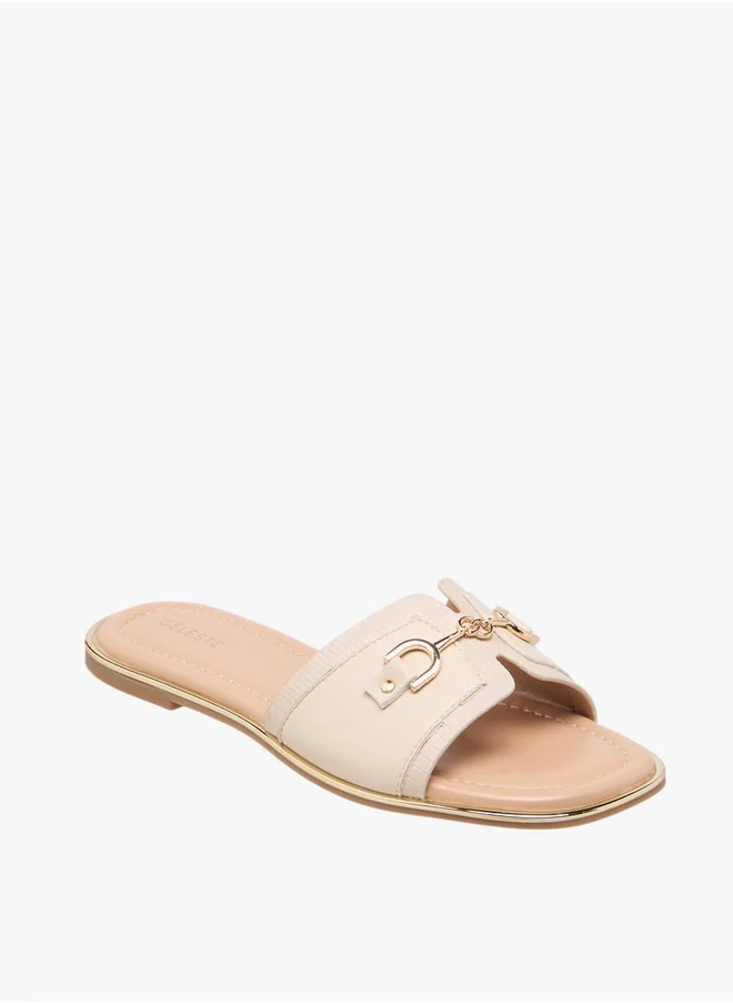 سيليست Women's Textured Slip-On Sandals with Metal Accent