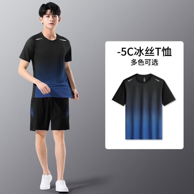 Short-Sleeved Sports Suit For Men 2024 Summer Ice Silk Gradient Quick-Drying Short-Sleeved Shorts Two-Piece Running Suit For Men - Image 3