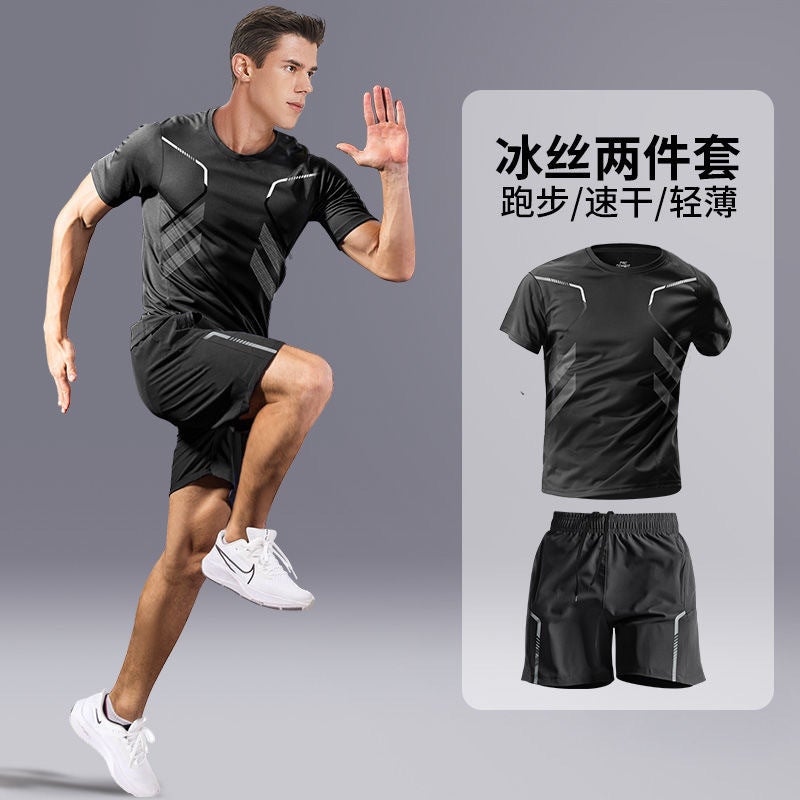 Short-Sleeved Sports Suit For Men 2024 Summer Ice Silk Gradient Quick-Drying Short-Sleeved Shorts Two-Piece Running Suit For Men - Image 4