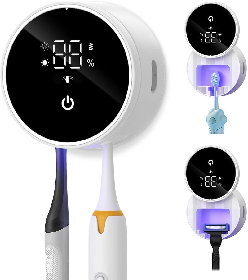 حامل فرشاة أسنان معقم بالأشعة فوق البنفسجية، شاشة ذكية LED من Temracha، تنظيف وتجفيف بزاوية 60 درجة، غطاء دوار آلي، قابل للشحن، مثبت على الحائط، منظم فرشاة أسنان للحمامات - Image 1