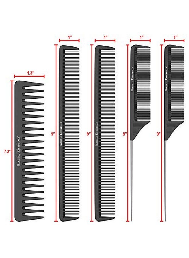 Bardeau Essentials Salon Styling Combs | 5 Piece | Professional Black Carbon Fiber Hair Combs | Detangling Comb | Rat Tail Comb | Teasing Comb | Salon Grade Combo Comb Set For Men And Women By - Image 4