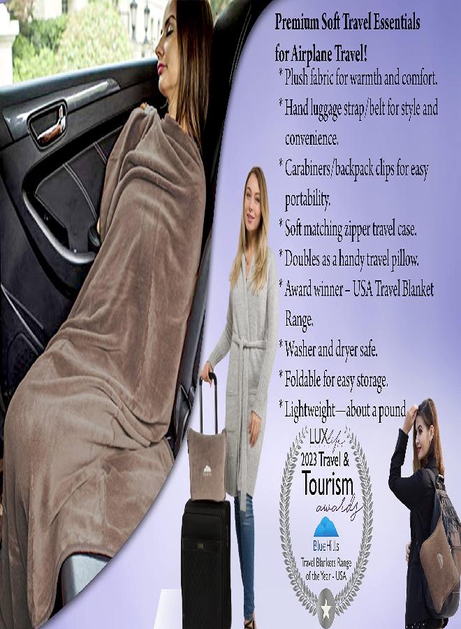 BlueHills BlueHills Premium Soft Travel Blanket Pillow Airplane Flight Blanket Throw in Soft Bag Pillow case with Luggage Belt & Backpack Clip Compact Pack Large Blanket Taupe T023 - Image 2