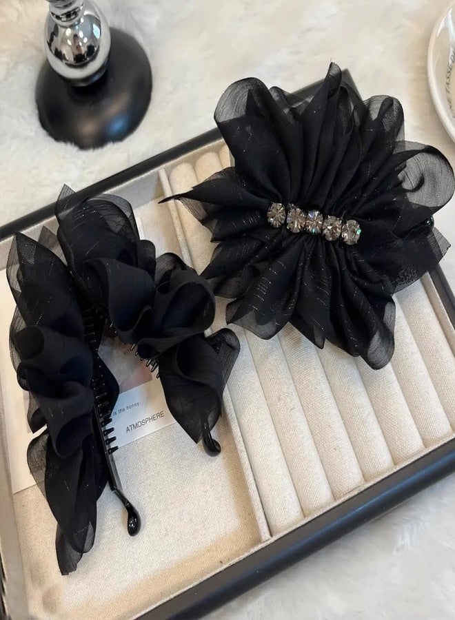 Melodio 2PCS Mesh Rhinestone Hair Clip Set for Women, Elegant Black Bow Banana Clip & Claw Clip, Vintage Tulle Hair Accessories for Thick Hair, Stylish and Non-Slip - Image 4