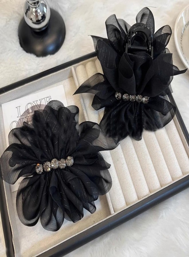 Melodio 2PCS Mesh Rhinestone Hair Clip Set for Women, Elegant Black Bow Banana Clip & Claw Clip, Vintage Tulle Hair Accessories for Thick Hair, Stylish and Non-Slip - Image 5