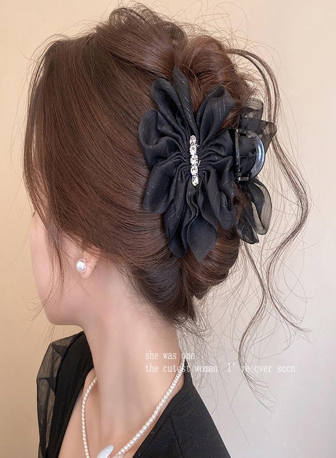 Melodio 2PCS Mesh Rhinestone Hair Clip Set for Women, Elegant Black Bow Banana Clip & Claw Clip, Vintage Tulle Hair Accessories for Thick Hair, Stylish and Non-Slip - Image 3