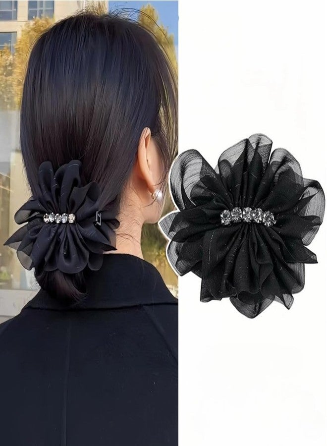 Melodio 2PCS Mesh Rhinestone Hair Clip Set for Women, Elegant Black Bow Banana Clip & Claw Clip, Vintage Tulle Hair Accessories for Thick Hair, Stylish and Non-Slip - Image 2