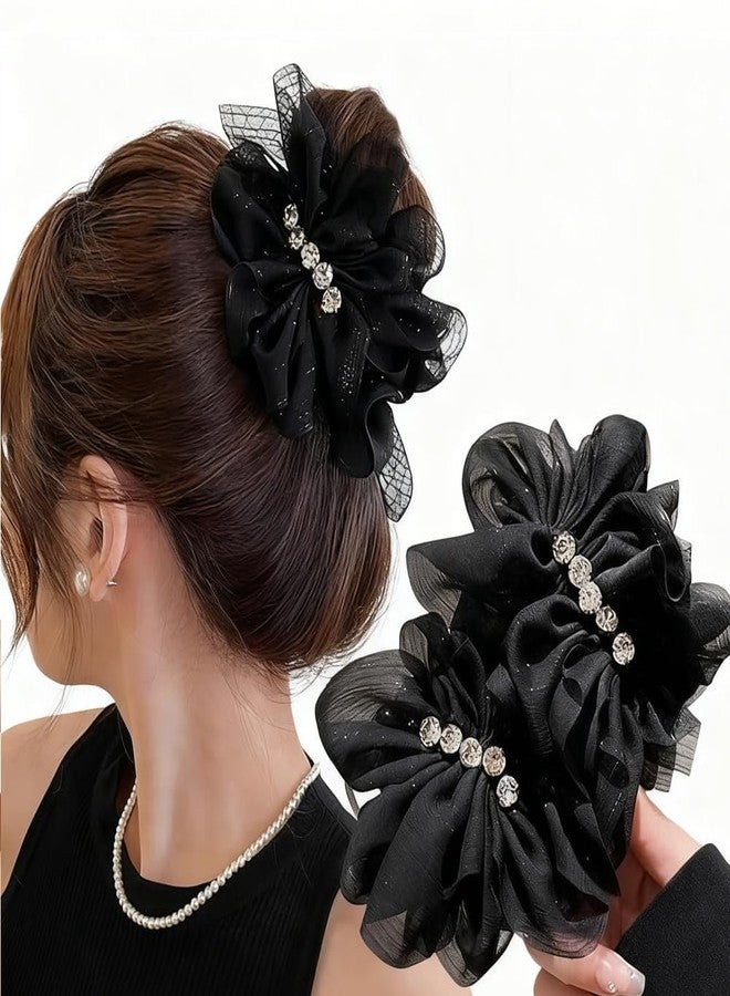 Melodio 2PCS Mesh Rhinestone Hair Clip Set for Women, Elegant Black Bow Banana Clip & Claw Clip, Vintage Tulle Hair Accessories for Thick Hair, Stylish and Non-Slip - Image 1
