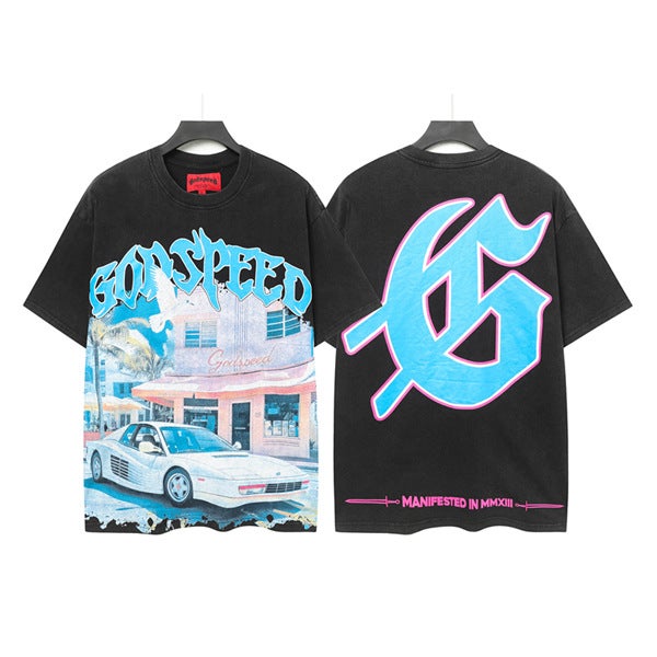 2025 US Tide Godspeed Cross-border American Rock Street Washing Retro Short-sleeved T-shirt 6057 wash water black