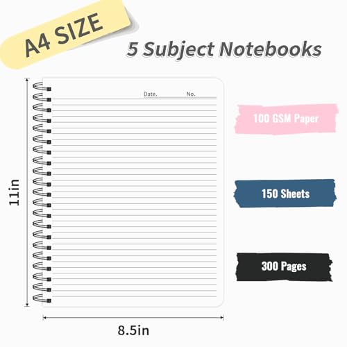 Ouzoustate 5 Subject Notebook College Ruled, 300 Pages A4 Hardcover Spiral Notebook with Removable Dividers Tabs 8.5" x 11" 100GSM Large Lined Journal Notebooks for Work School - Image 2
