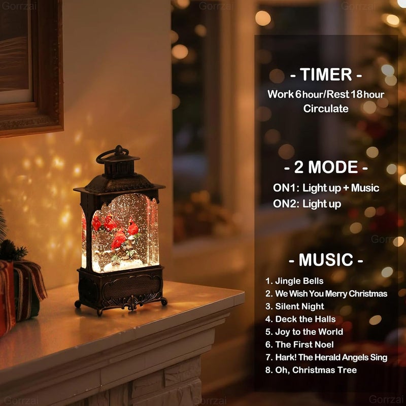 Gorrzai Cardinal Snow Globe Lantern Christmas Snow Globes, Lighted Christmas Decorations Indoor for Home with Music Timer Swirling Glitter, Light Up Musical Cardinals Decor, USB or Battery Operated - Image 4
