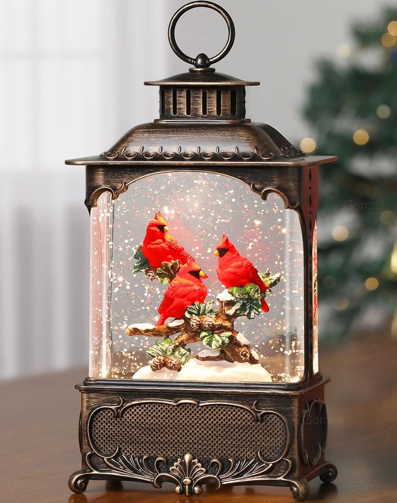 Gorrzai Cardinal Snow Globe Lantern Christmas Snow Globes, Lighted Christmas Decorations Indoor for Home with Music Timer Swirling Glitter, Light Up Musical Cardinals Decor, USB or Battery Operated - Image 1