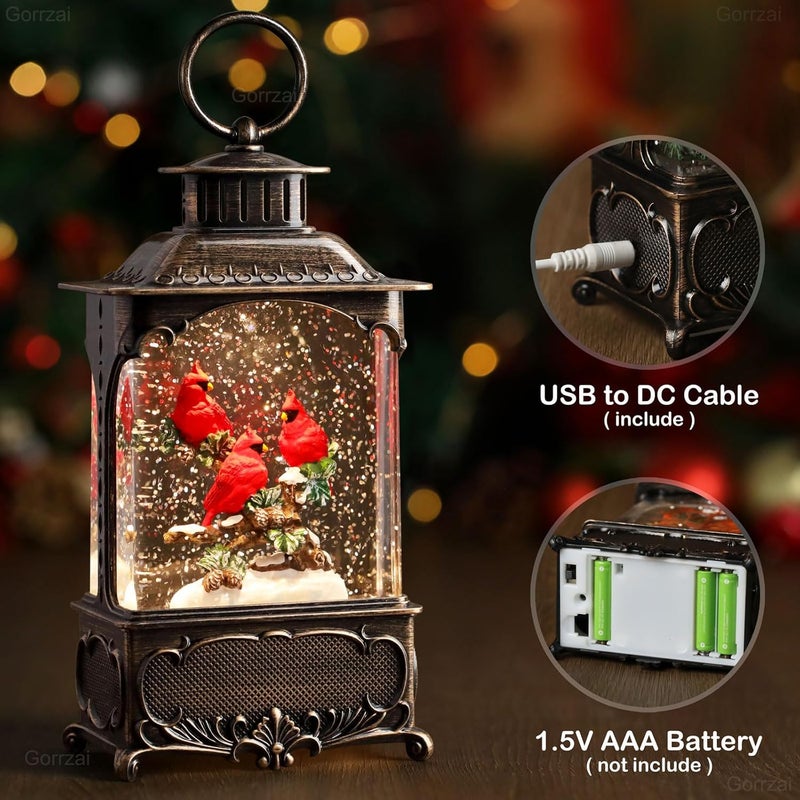 Gorrzai Cardinal Snow Globe Lantern Christmas Snow Globes, Lighted Christmas Decorations Indoor for Home with Music Timer Swirling Glitter, Light Up Musical Cardinals Decor, USB or Battery Operated - Image 3