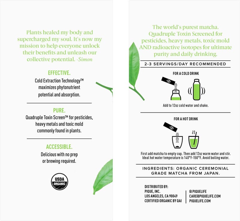 PIQUE مسحوق ماتشا إلهة الشمس العضوي من بيك - درجة احتفالية من مسحوق الشاي الأخضر لبشرة متألقة وطاقة هادئة - 28 علبة فردية - Image 2