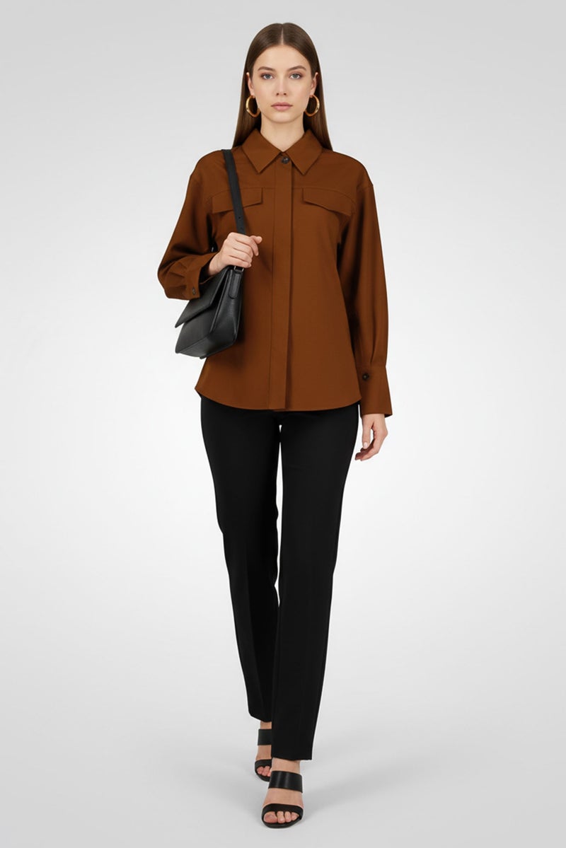 GANT Women Pointed Collar Long Sleeve Plain Shirt, Dark Brown - Image 1