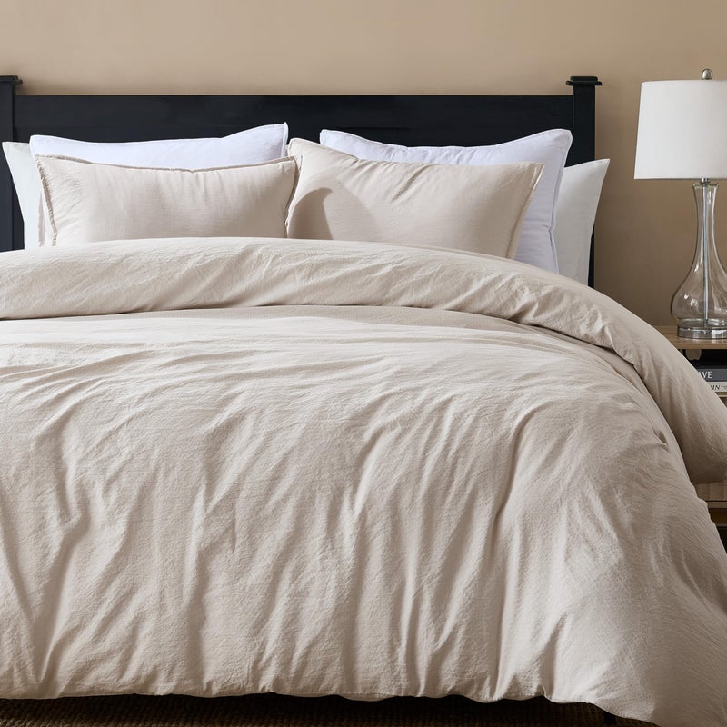 WDCOZY Beige King Size Jacquard Duvet Cover Set with Zipper Closure, Modern Washed Soft Striped Bedding, Textured Seersucker Like Cotton Linen, 1 Duvet Cover and 2 Pillow Shams, No Comforter - Image 1
