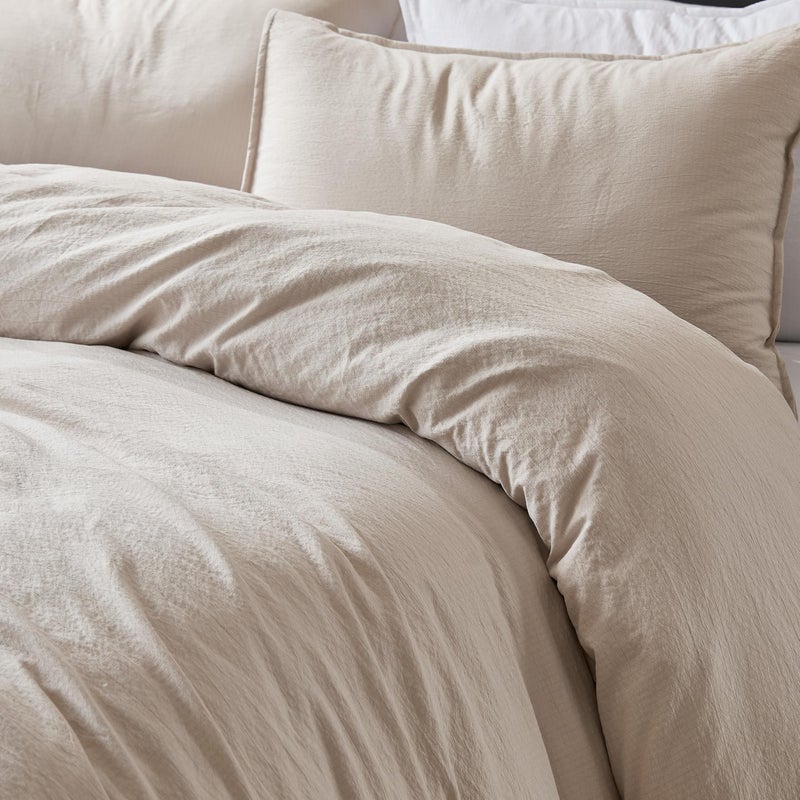 WDCOZY Beige King Size Jacquard Duvet Cover Set with Zipper Closure, Modern Washed Soft Striped Bedding, Textured Seersucker Like Cotton Linen, 1 Duvet Cover and 2 Pillow Shams, No Comforter - Image 3