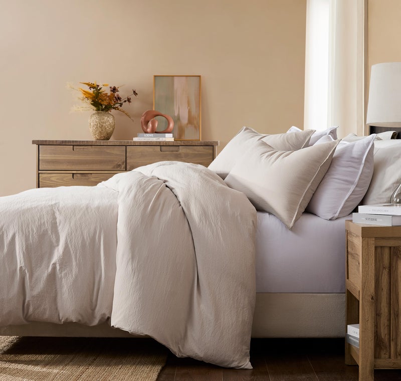 WDCOZY Beige King Size Jacquard Duvet Cover Set with Zipper Closure, Modern Washed Soft Striped Bedding, Textured Seersucker Like Cotton Linen, 1 Duvet Cover and 2 Pillow Shams, No Comforter - Image 2