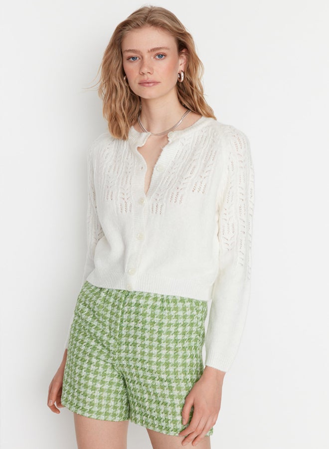 trendyol Ecru Soft Textured Openwork/Perforated Knitwear Cardigan - Image 1