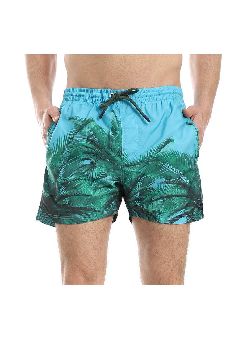 Pavone - Slip On Palm Pattern Swim Shorts - Light Blue & Green - Image 1