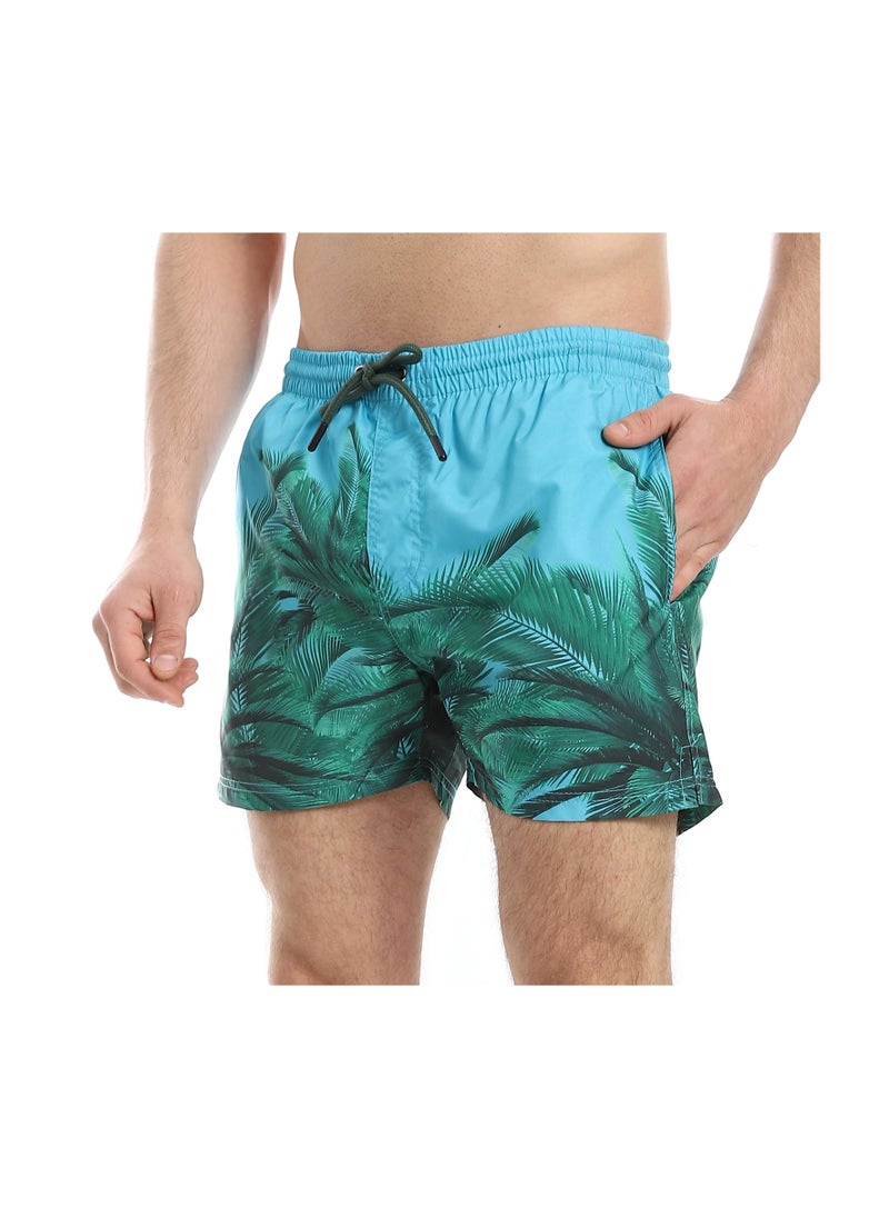 Pavone - Slip On Palm Pattern Swim Shorts - Light Blue & Green - Image 1