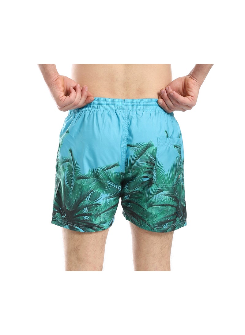 Pavone - Slip On Palm Pattern Swim Shorts - Light Blue & Green - Image 1