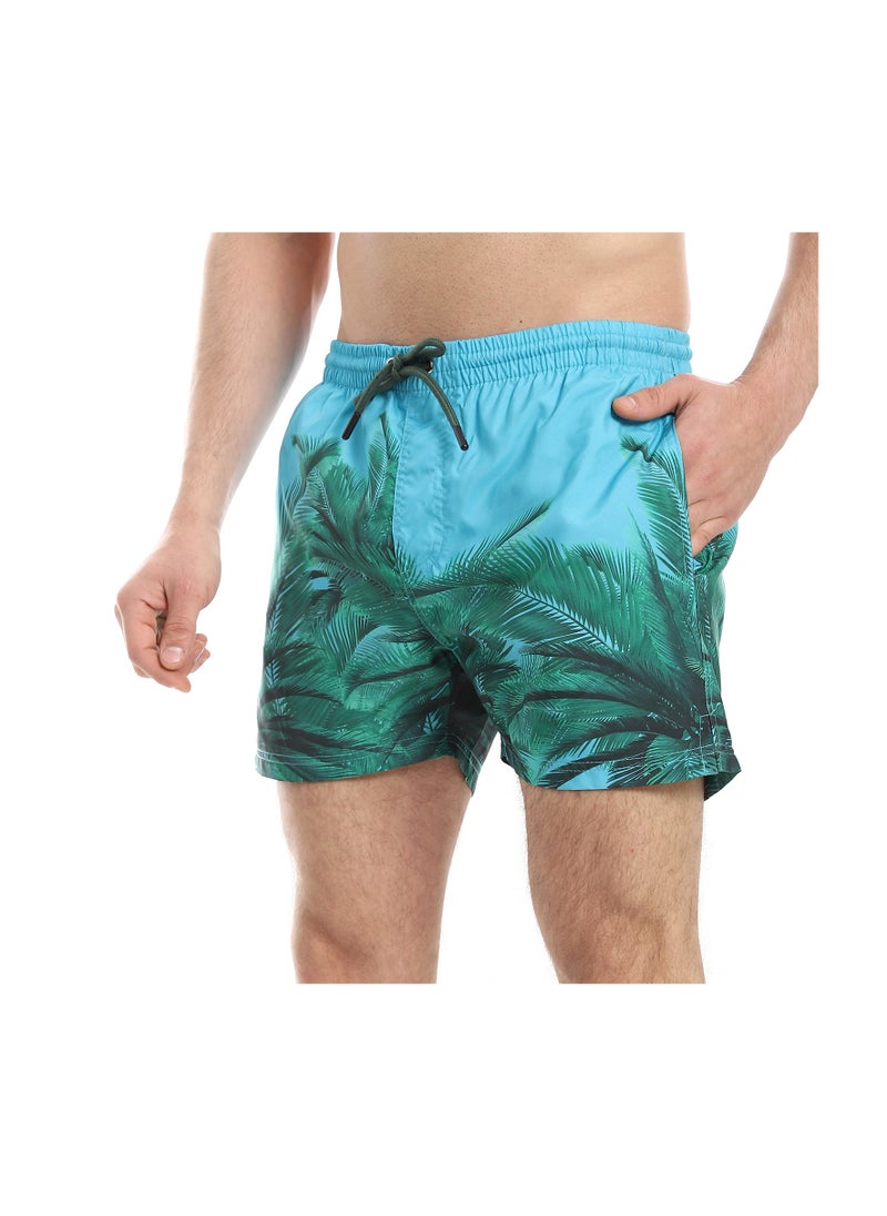 Pavone - Slip On Palm Pattern Swim Shorts - Light Blue & Green - Image 1