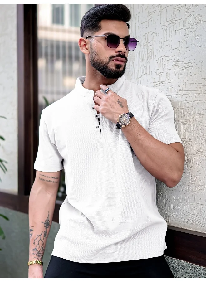 Maniac Mens Solid Henley Neck Half Sleeve White Cotton Slim T-Shirt