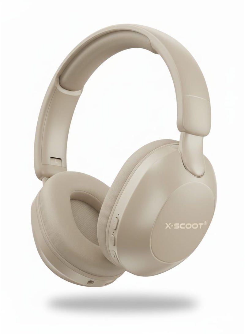 X-SCOOT XS-650 High Resolution Stereo Bass Headphones with HD Noise Reduction Mic, Extended Playtime, Extra Soft Cushions, TF Card Support, AUX-In, Type-C Charging and Voice Assistant Compatibility , Foldable Design for Music & Hands Free Calls - Beige - Image 1