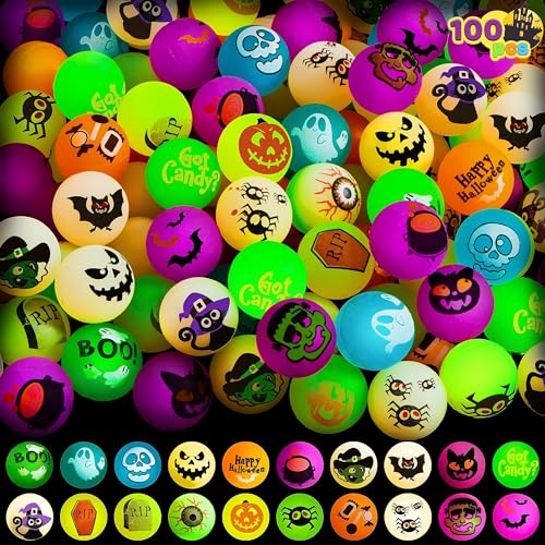 JOYIN 100 PCS Halloween Glow in The Dark Bouncing Balls 20 Designs Halloween Theme Glowing Bouncy Balls for Halloween Party Supplies Party Favors Trick or Treating Goodies - Image 1