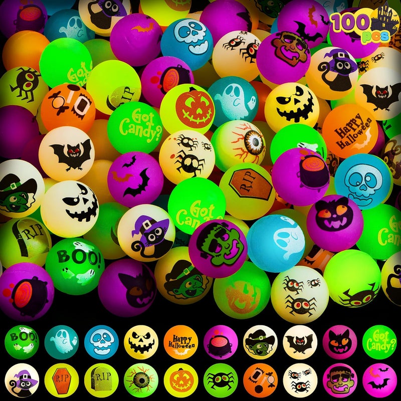 JOYIN 100 PCS Halloween Glow in The Dark Bouncing Balls 20 Designs Halloween Theme Glowing Bouncy Balls for Halloween Party Supplies Party Favors Trick or Treating Goodies - Image 2