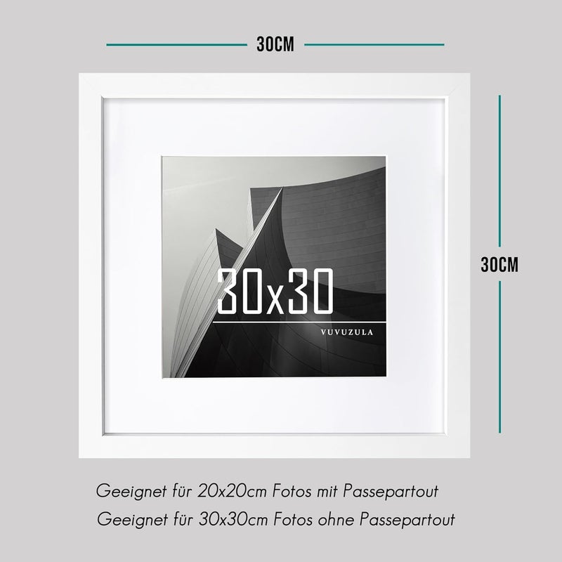 VUVUZULA Picture Frame 30 x 30 cm White Wood Square Photo Frame Wooden Frame MDF Frame with Mount 20 x 20 cm Set of 3 - Image 2