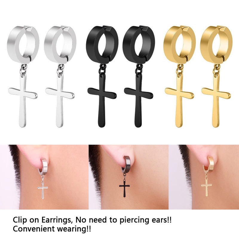 CCBFY 11 Pairs Non-pierced Earrings Set for Men Women Cross Titanium Steel Hoop Dangle Clip On Earring - Image 5