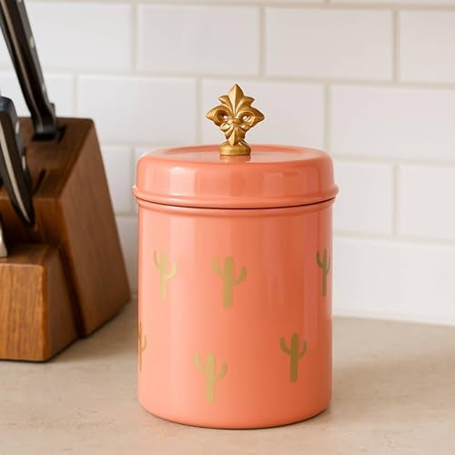 Elan Stainless Steel Food Storage Canister,Cookies Box,Kitchen Staples Storage Jar, Cactus Print -Peach - Image 1