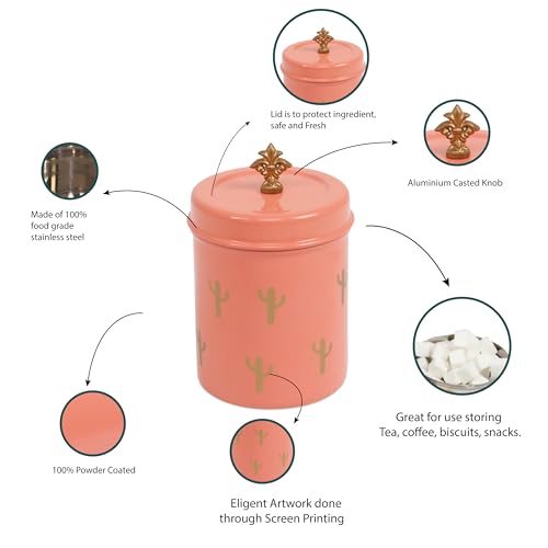 Elan Stainless Steel Food Storage Canister,Cookies Box,Kitchen Staples Storage Jar, Cactus Print -Peach - Image 4