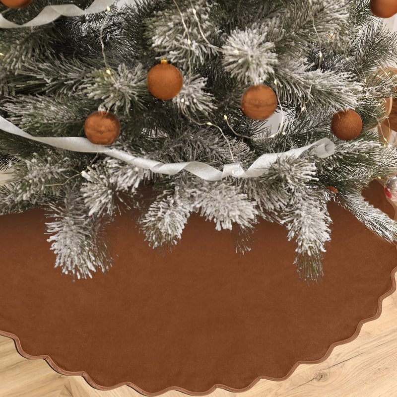 RoundFunny Brown Christmas Tree Skirt 48 Inches Neutral Velvet Christmas Tree Skirts Modern Scalloped Edge Xmas Decorations Minimalist Mat for Home Indoor Outdoor Holiday Party Decor - Image 4