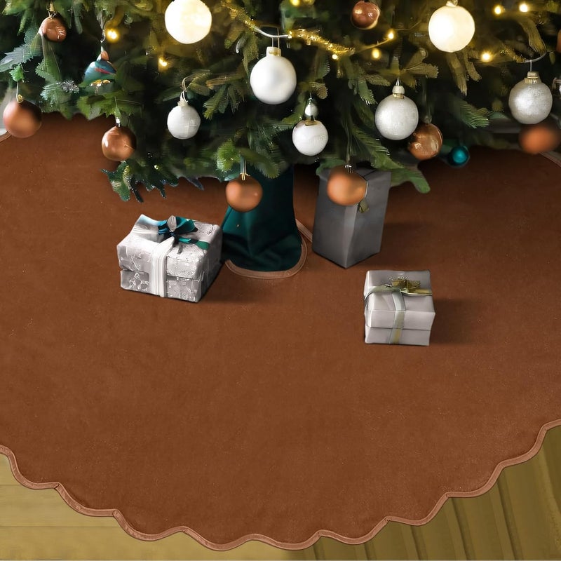 RoundFunny Brown Christmas Tree Skirt 48 Inches Neutral Velvet Christmas Tree Skirts Modern Scalloped Edge Xmas Decorations Minimalist Mat for Home Indoor Outdoor Holiday Party Decor - Image 5