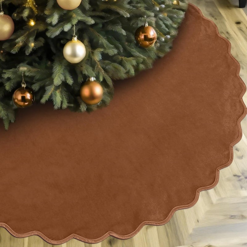 RoundFunny Brown Christmas Tree Skirt 48 Inches Neutral Velvet Christmas Tree Skirts Modern Scalloped Edge Xmas Decorations Minimalist Mat for Home Indoor Outdoor Holiday Party Decor - Image 1