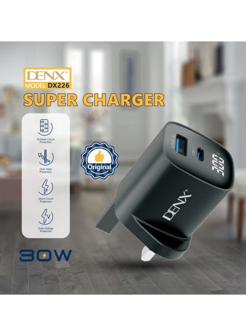 Denx DENX 30W Super Fasr Charger Dual Port USB-C+USB-A Travel Charger 30W, PD+PowerIQ 4.0, Fast Charging, Universal Compatible Devices and Stable Charging Current, DX226  - Image 1