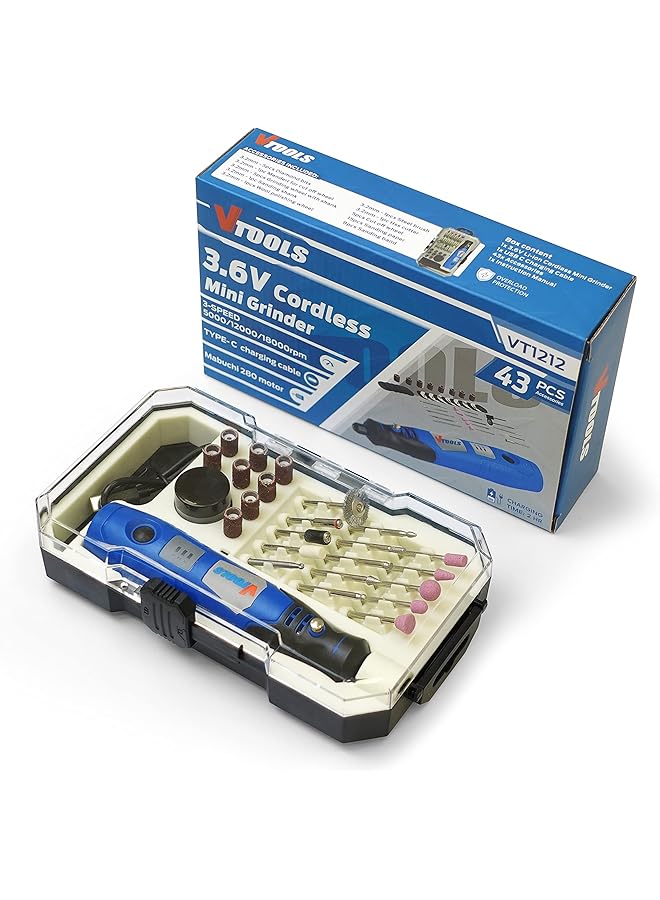 VTOOLS 3.6V Cordless Mini Grinder With 43 Pc Accessory Set Rotary Tool For Polishing Cleaning And Engraving Blue Vt1212 - Image 2