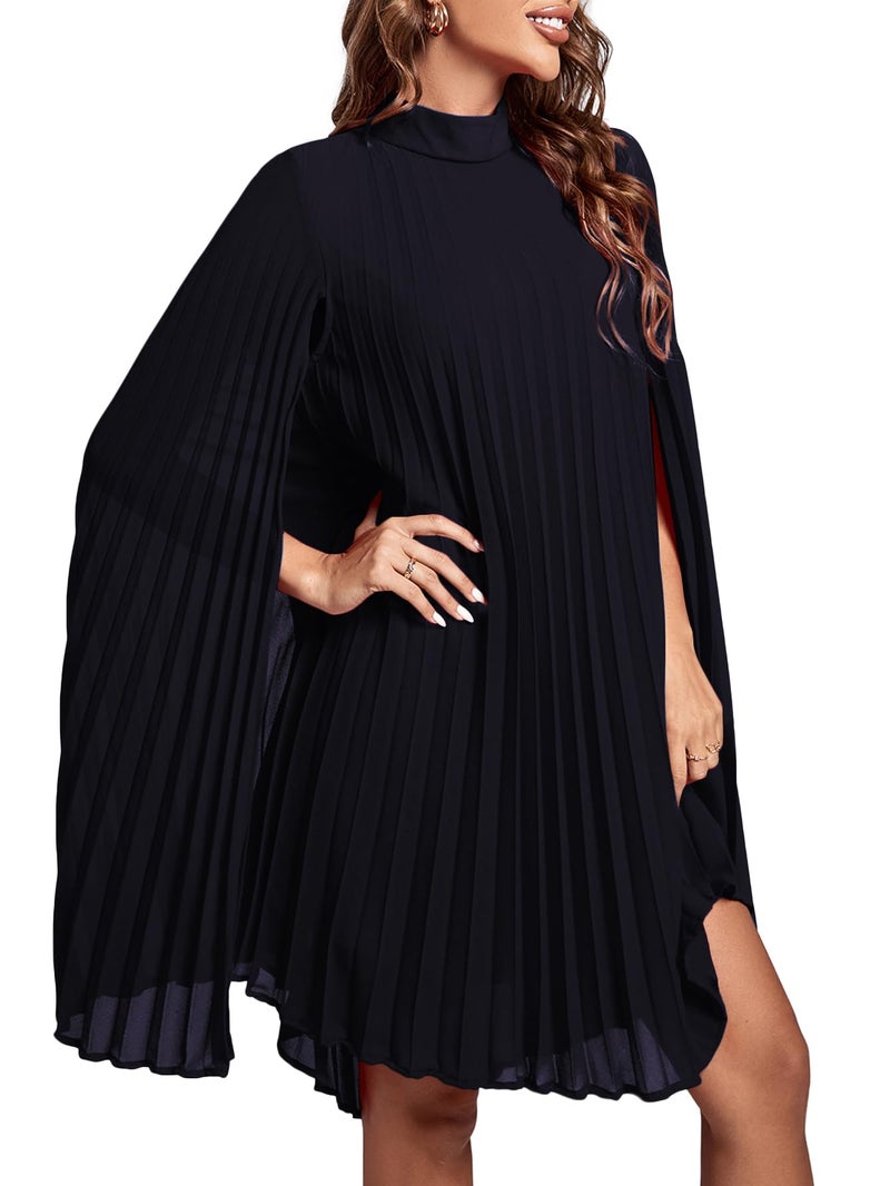 Rooscier Women's Mock Neck Cloak Sleeve Pleated Keyhole Back Flowy Party Midi Dress New Navy Blue Medium - Image 3