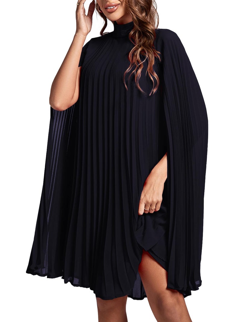 Rooscier Women's Mock Neck Cloak Sleeve Pleated Keyhole Back Flowy Party Midi Dress New Navy Blue Medium - Image 4