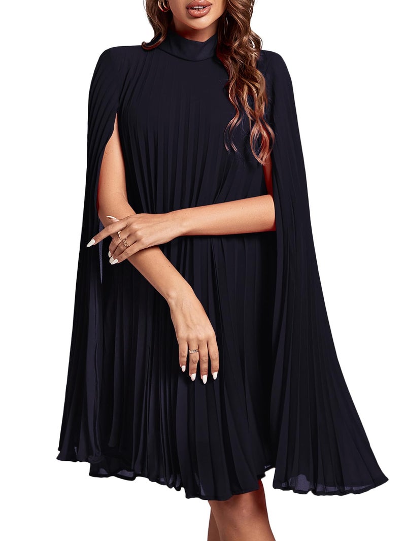 Rooscier Women's Mock Neck Cloak Sleeve Pleated Keyhole Back Flowy Party Midi Dress New Navy Blue Medium - Image 1