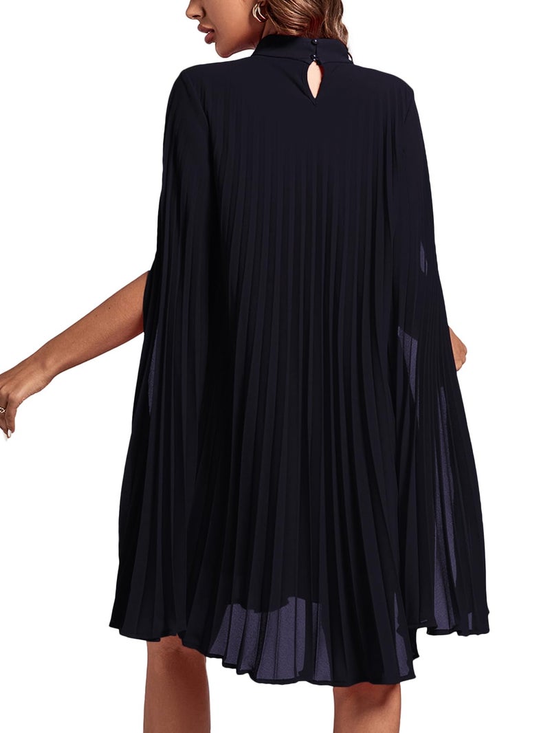 Rooscier Women's Mock Neck Cloak Sleeve Pleated Keyhole Back Flowy Party Midi Dress New Navy Blue Medium - Image 2