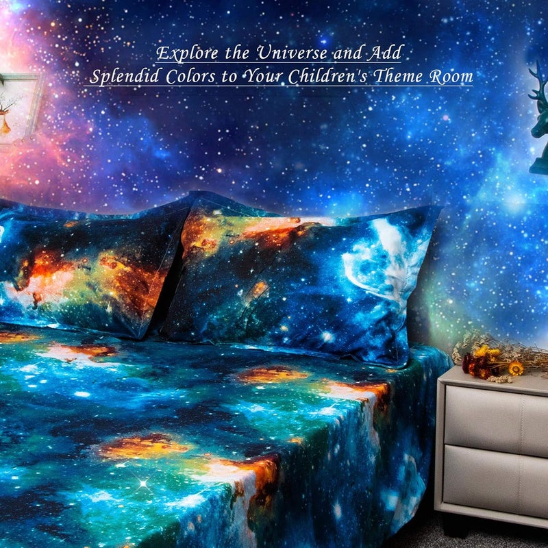 Bedlifes Galaxy Outer Space Sheet Set, Galaxy Themed, 3 pcs Including Flat Sheet, Fitted Sheet, and 1 Pillowcase (Blue Full) - Image 2
