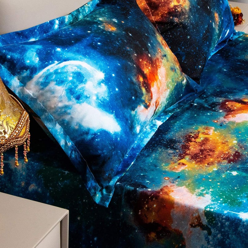 Bedlifes Galaxy Outer Space Sheet Set, Galaxy Themed, 3 pcs Including Flat Sheet, Fitted Sheet, and 1 Pillowcase (Blue Full) - Image 5