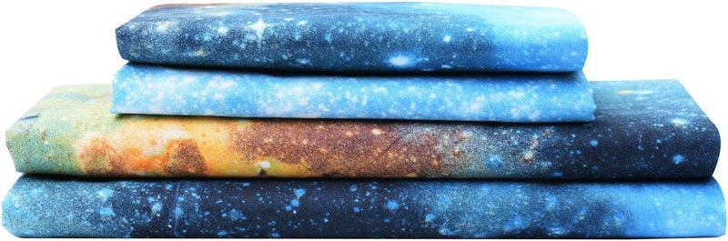 Bedlifes Galaxy Outer Space Sheet Set, Galaxy Themed, 3 pcs Including Flat Sheet, Fitted Sheet, and 1 Pillowcase (Blue Full) - Image 1