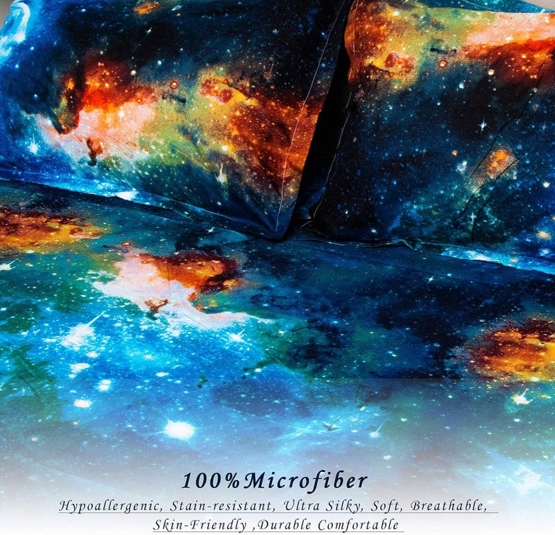 Bedlifes Galaxy Outer Space Sheet Set, Galaxy Themed, 3 pcs Including Flat Sheet, Fitted Sheet, and 1 Pillowcase (Blue Full) - Image 4