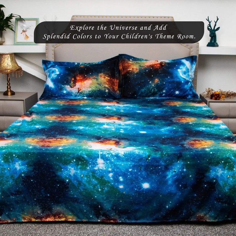 Bedlifes Galaxy Outer Space Sheet Set, Galaxy Themed, 3 pcs Including Flat Sheet, Fitted Sheet, and 1 Pillowcase (Blue Full) - Image 3